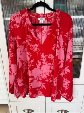Lord & Taylor Red and Pink Floral Peasant Blouse